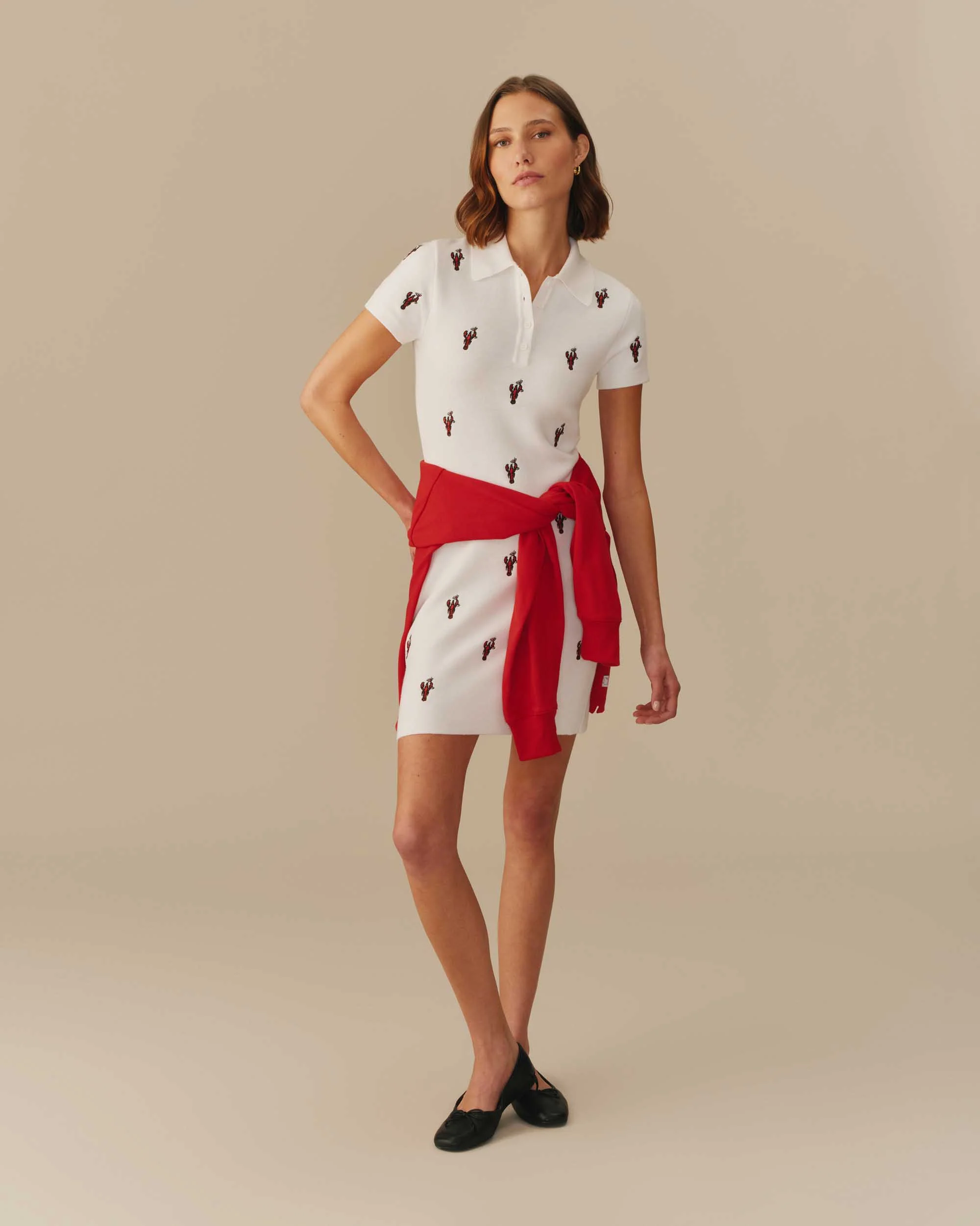 Women's Lobster Embroidered Polo Dress White