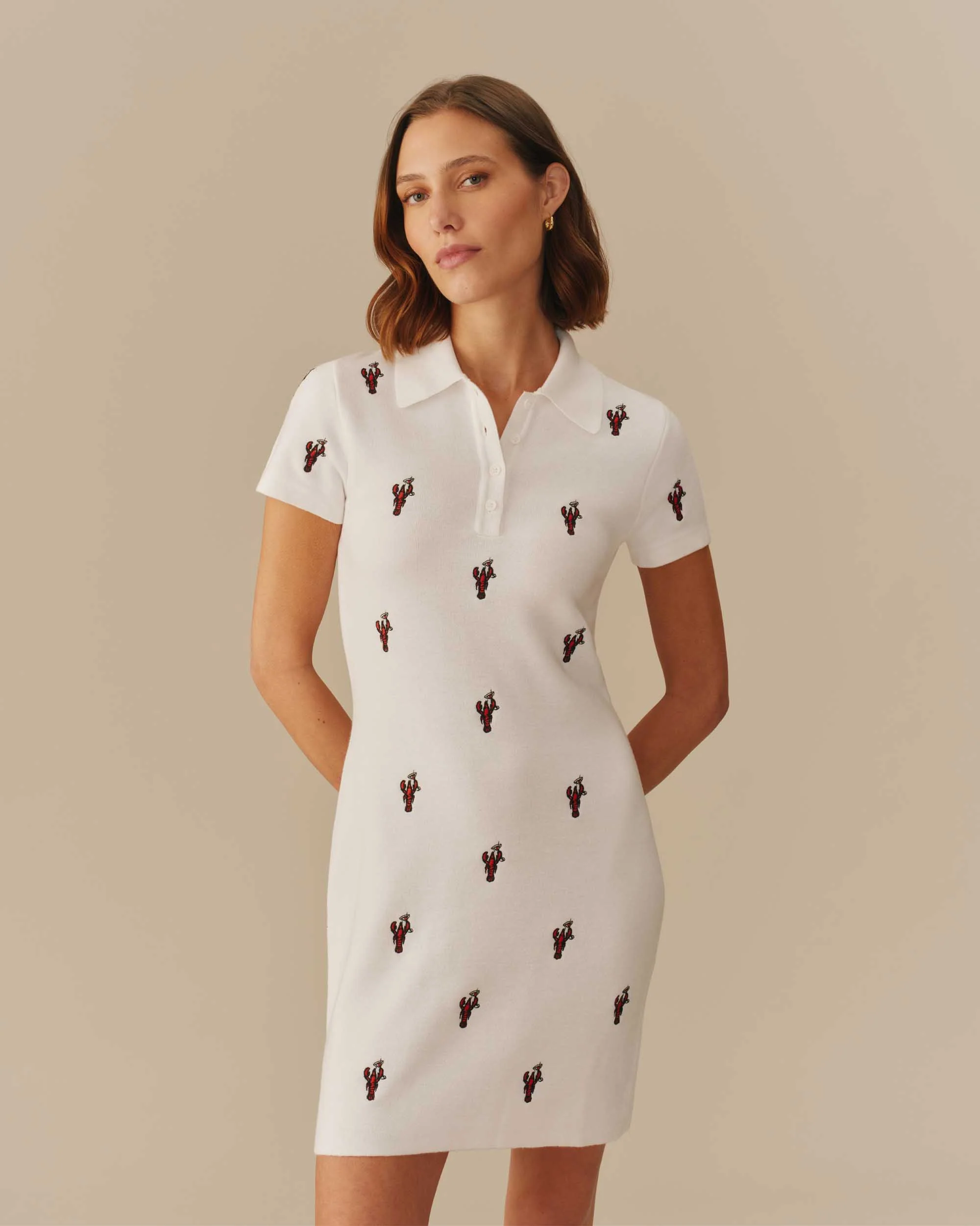 Women's Lobster Embroidered Polo Dress White - Image 2