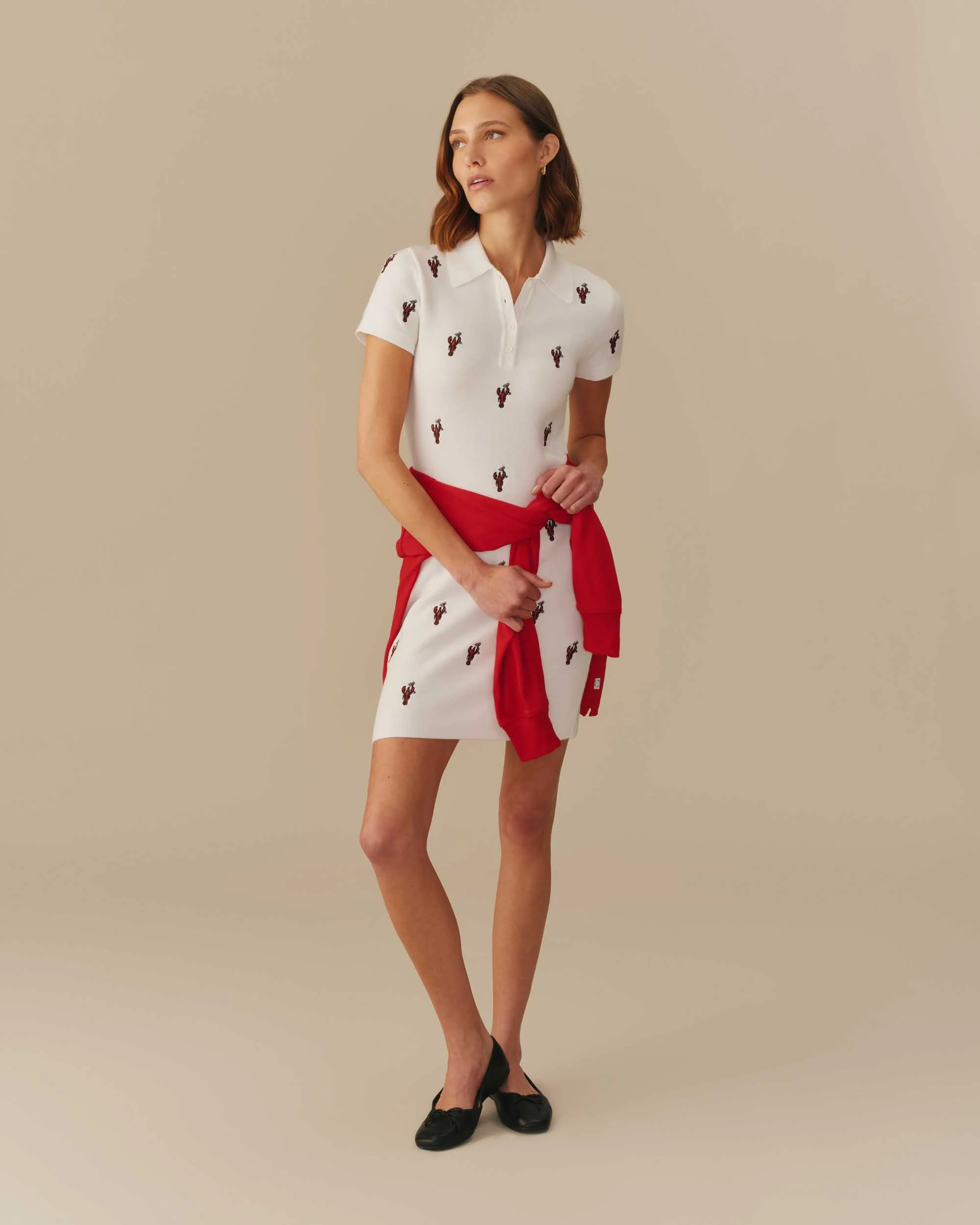 Women's Lobster Embroidered Polo Dress White - Image 3