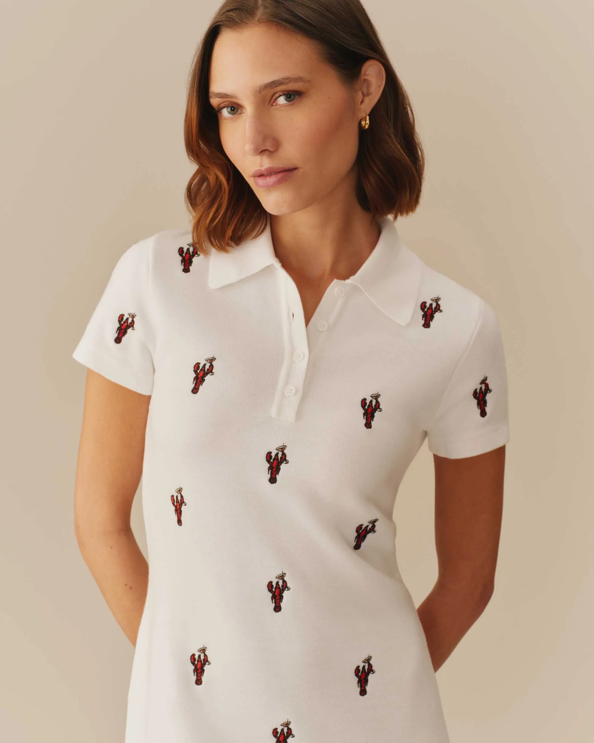 Women's Lobster Embroidered Polo Dress White - Image 4