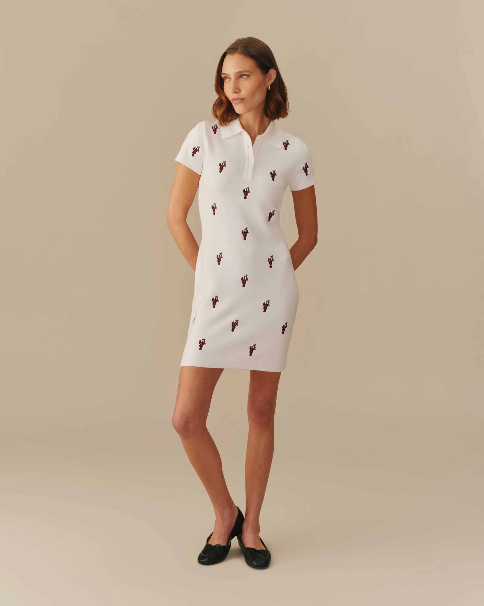 Women's Lobster Embroidered Polo Dress White - Image 5