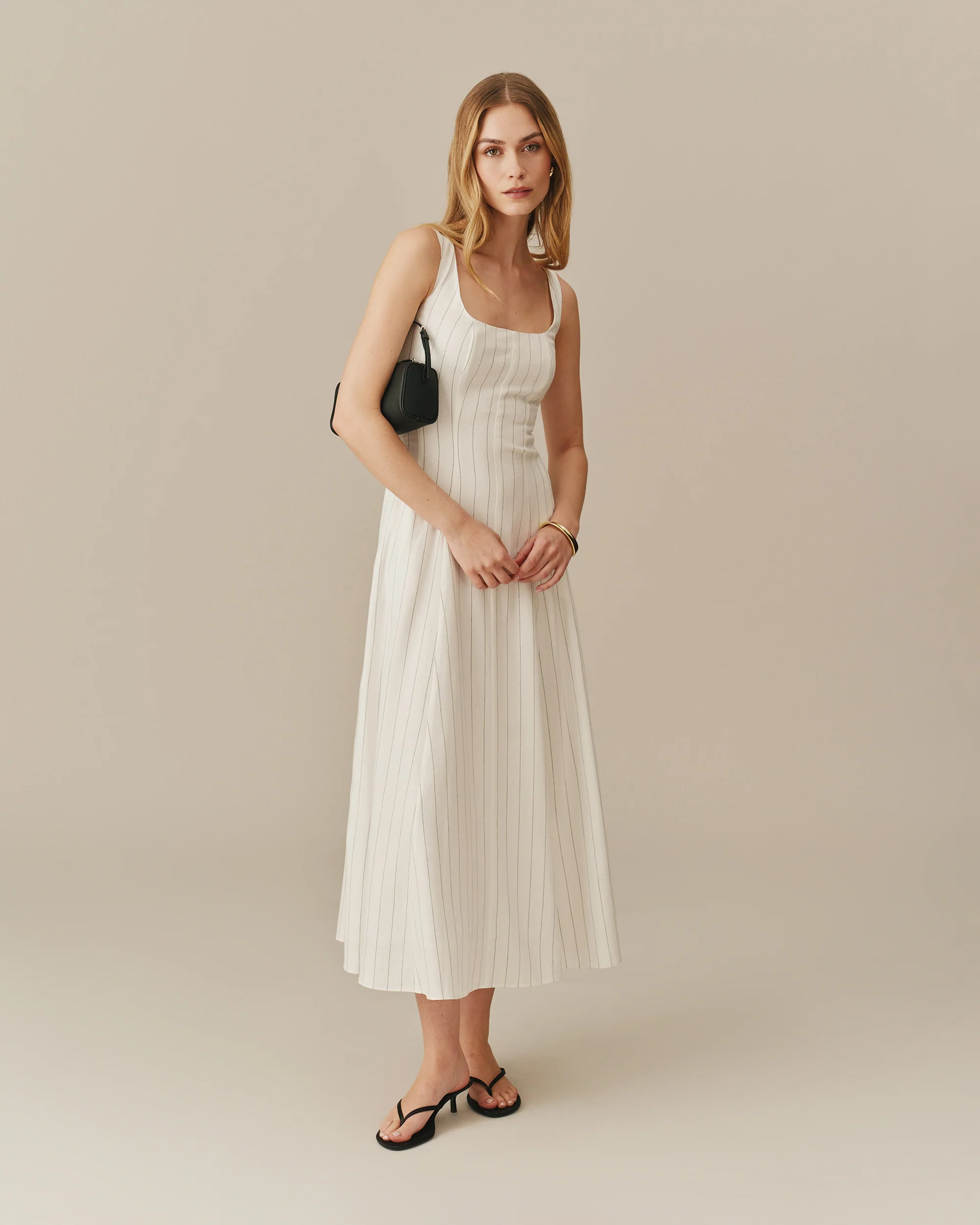 Women's Long Linen Striped Dress Cream Stripe