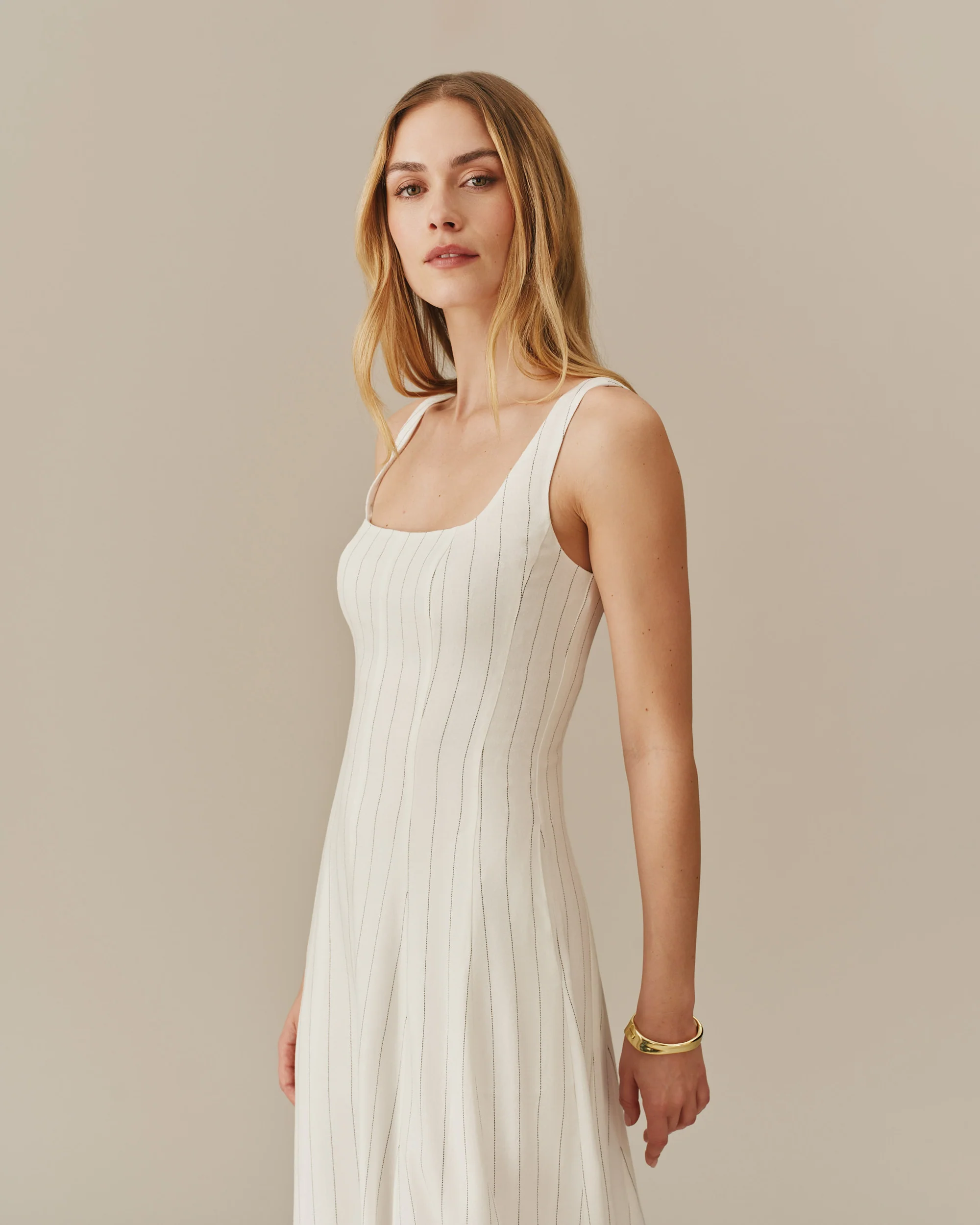 Women's Long Linen Striped Dress Cream Stripe - Image 2