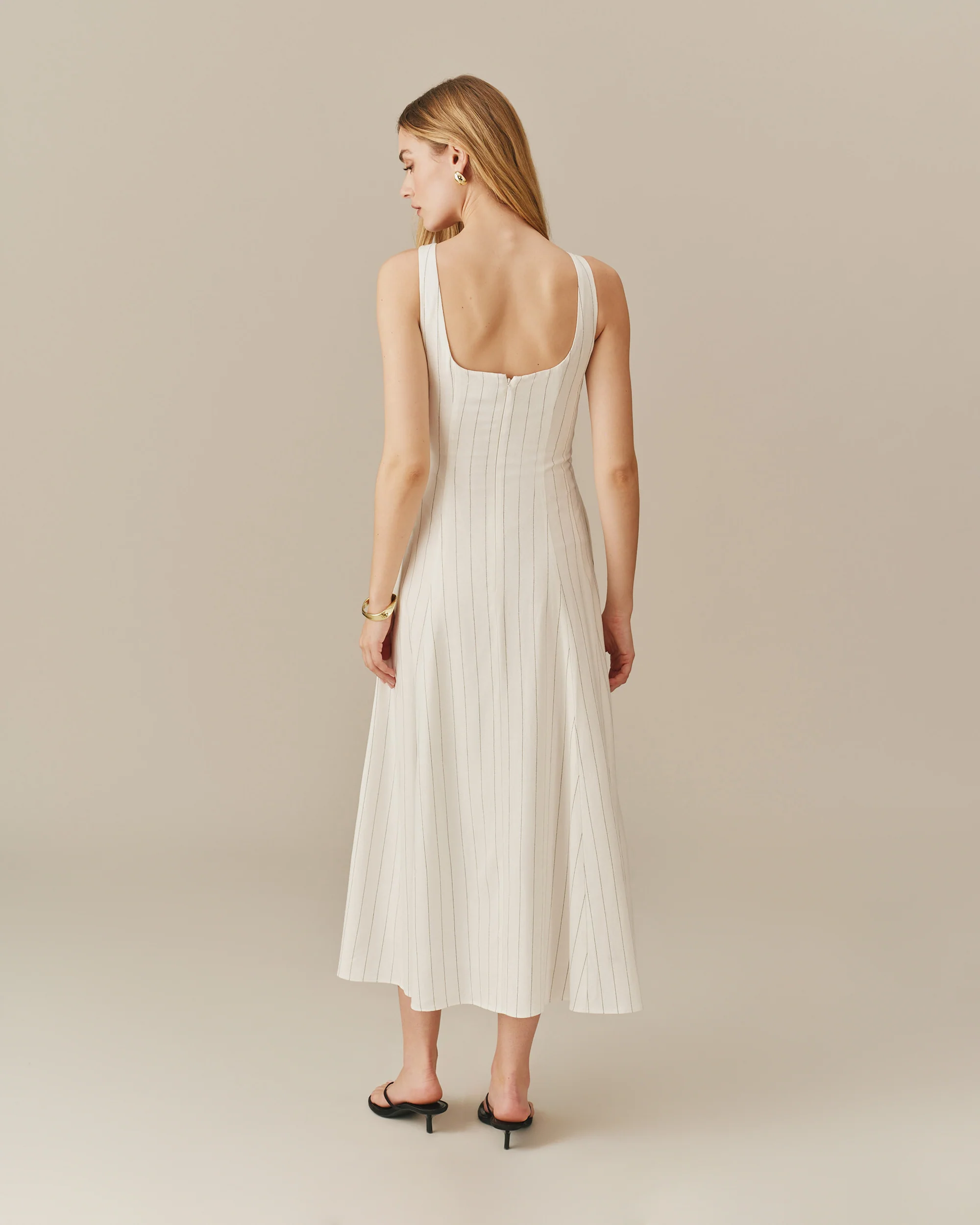 Women's Long Linen Striped Dress Cream Stripe - Image 3