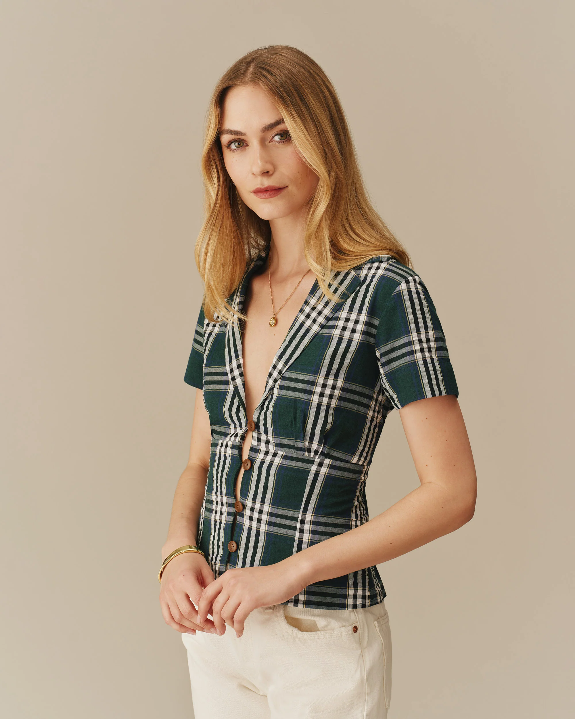 Women's Plaid Cotton Little Button Down Green - Image 3