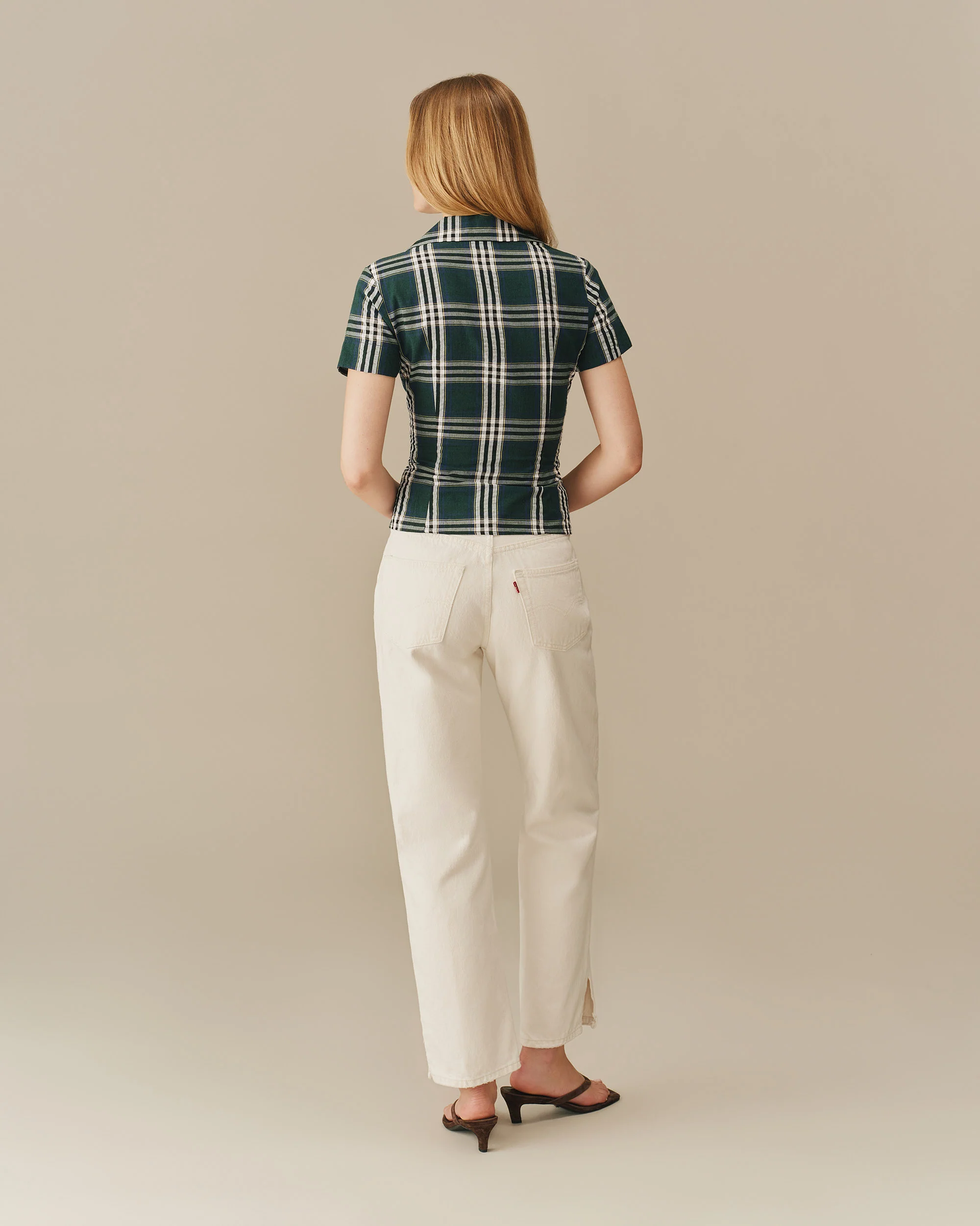Women's Plaid Cotton Little Button Down Green - Image 4