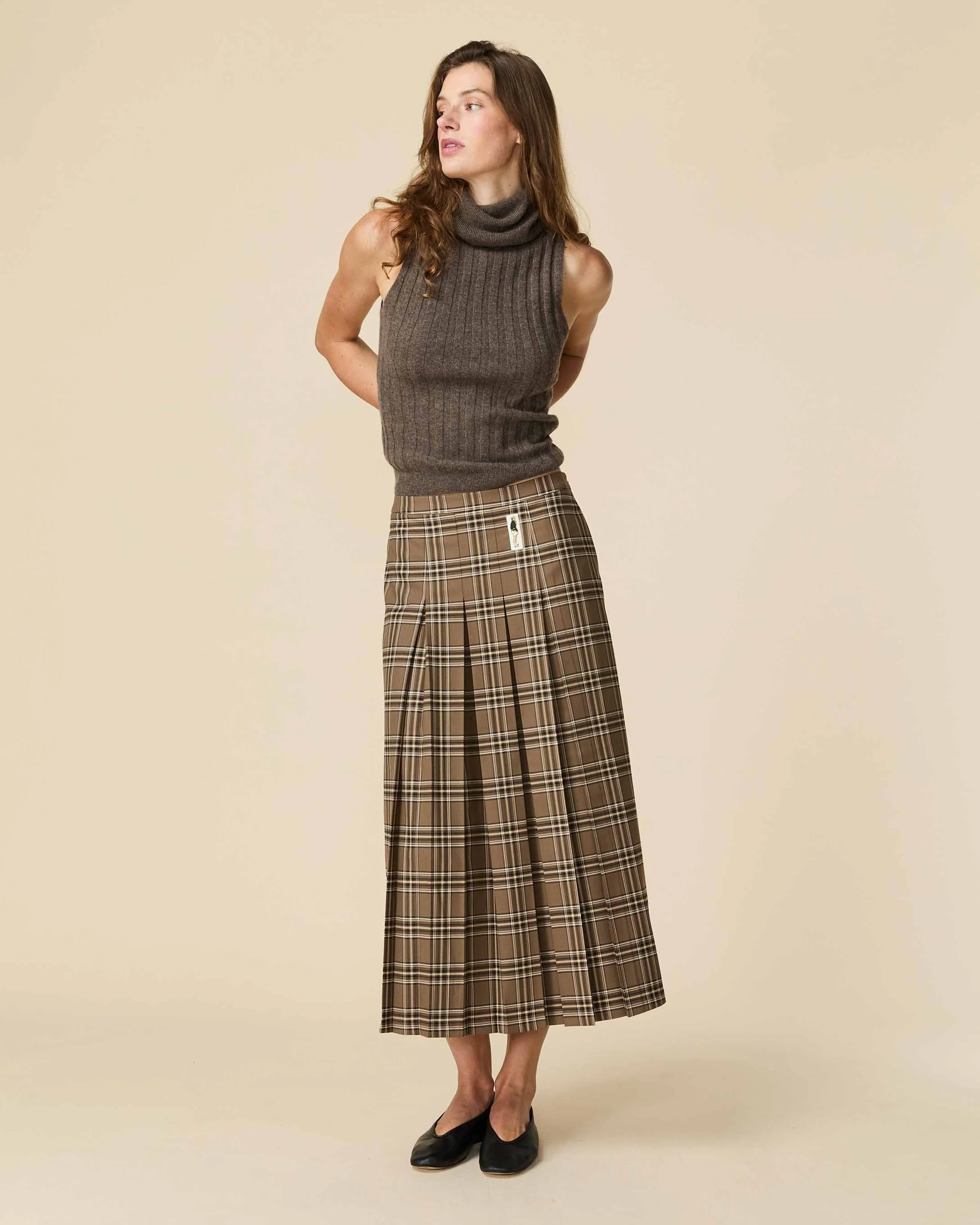 Women's Plaid Pleated Midi Skirt Brown Plaid