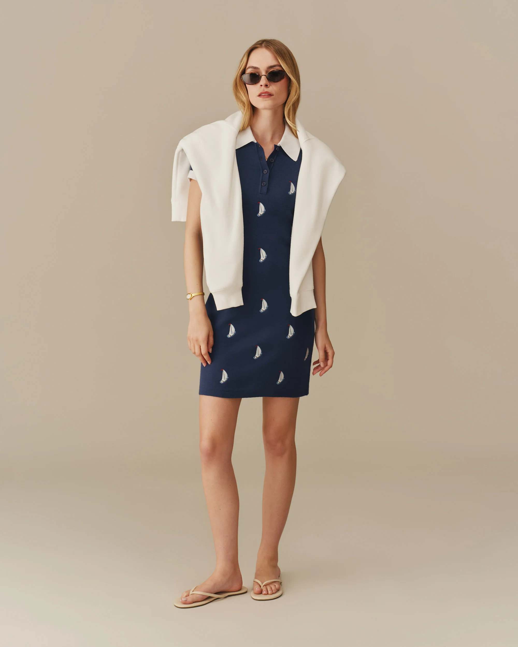 Women's Sailboat Embroidered Polo Dress Navy
