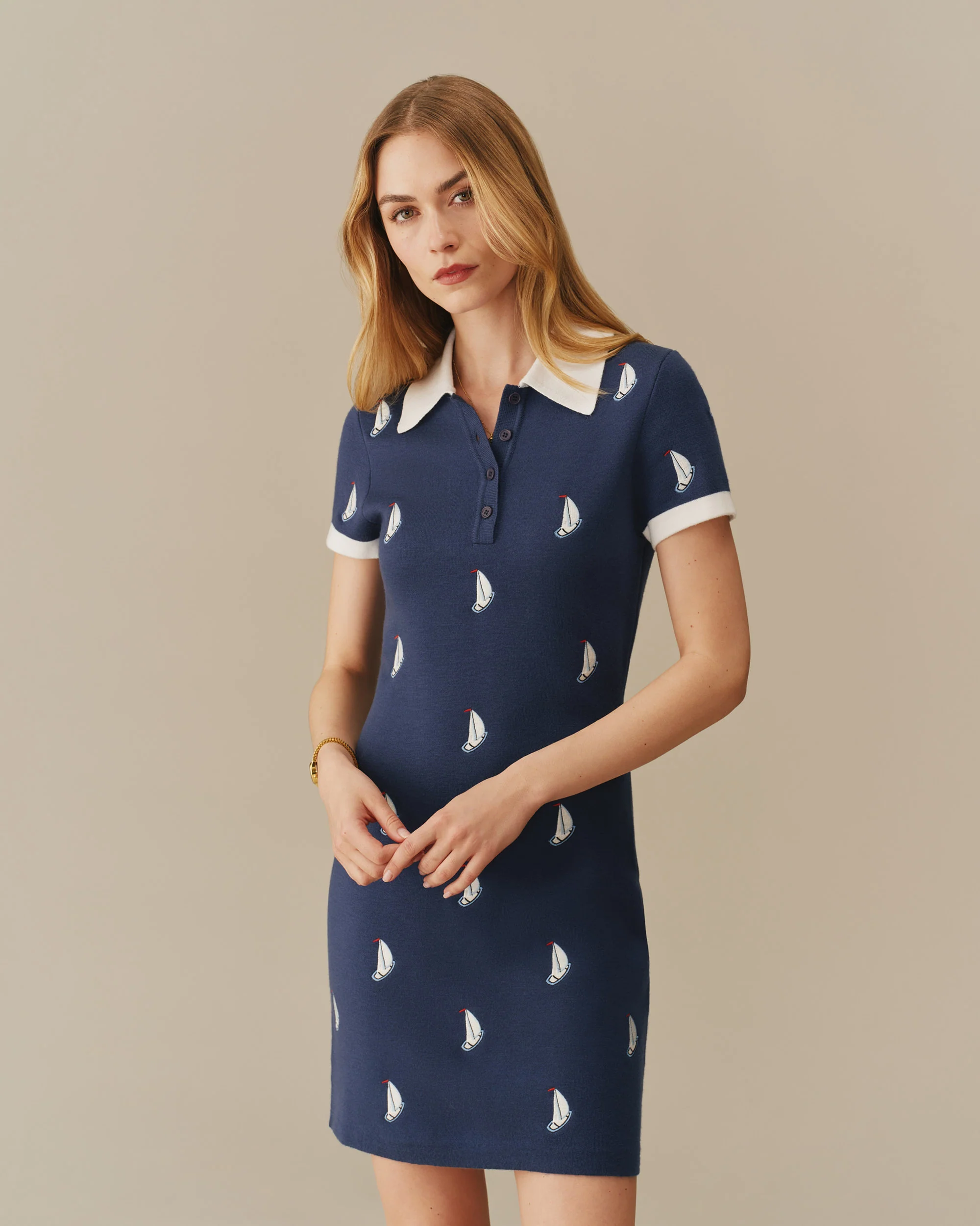Women's Sailboat Embroidered Polo Dress Navy - Image 2