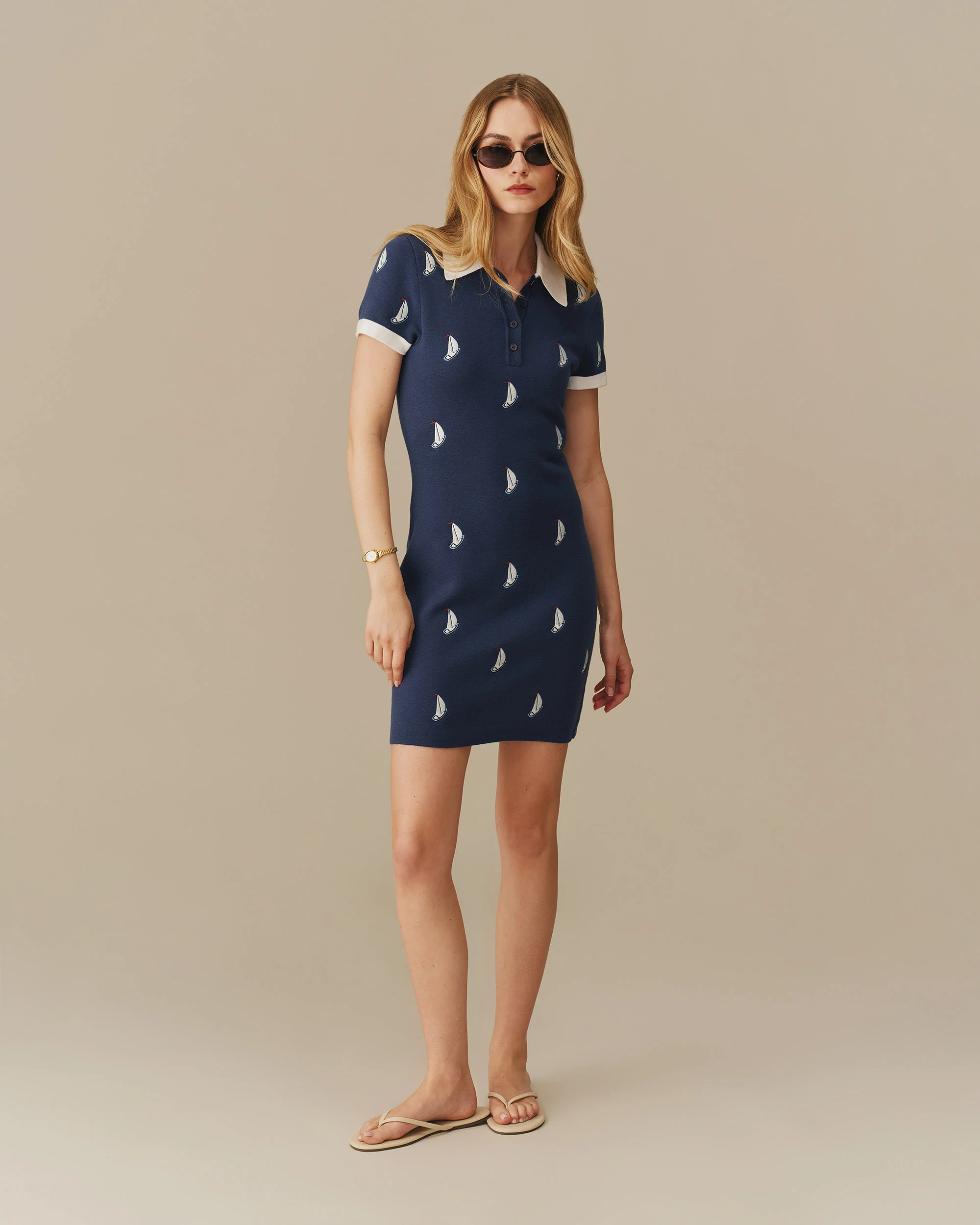 Women's Sailboat Embroidered Polo Dress Navy - Image 5