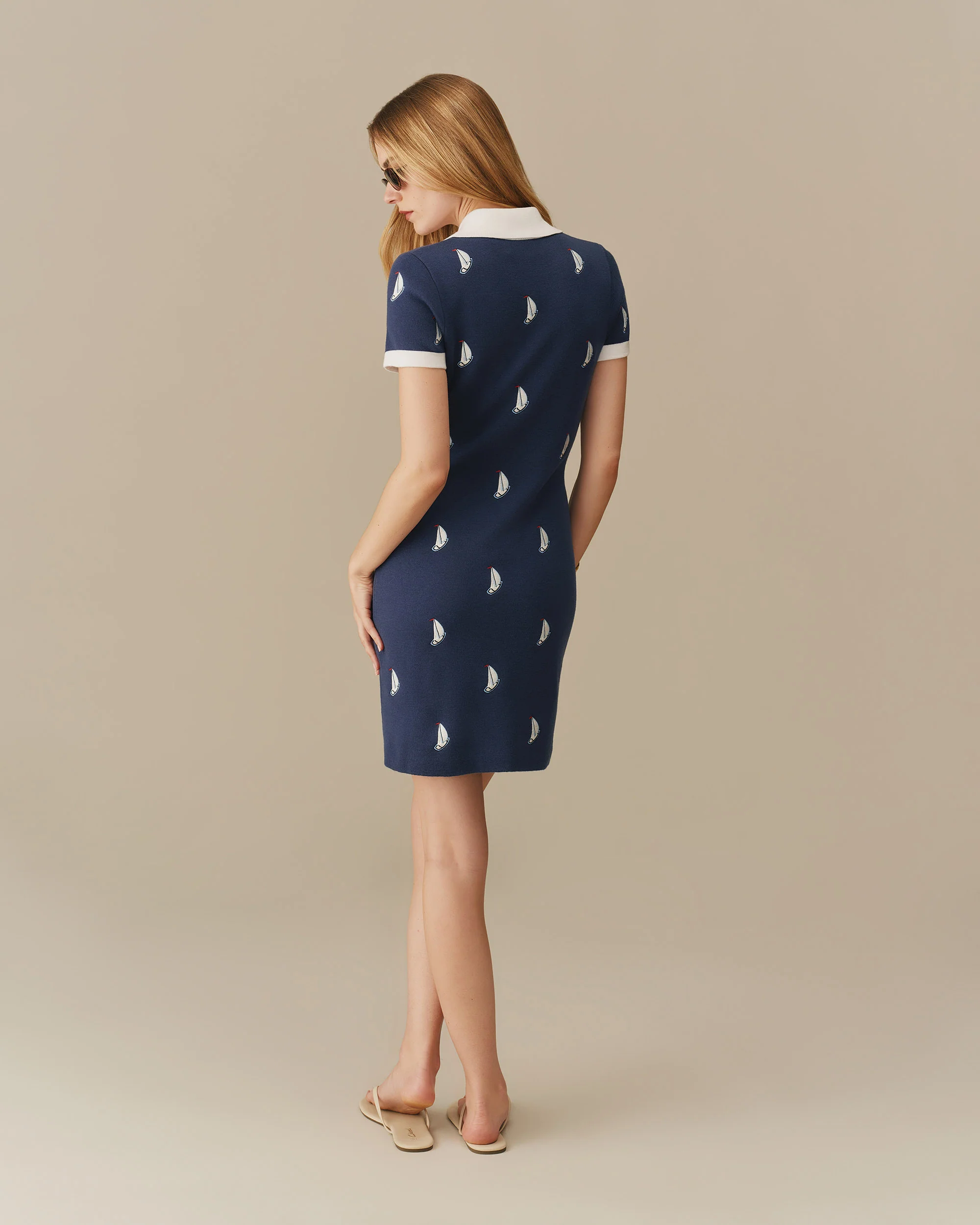 Women's Sailboat Embroidered Polo Dress Navy - Image 6