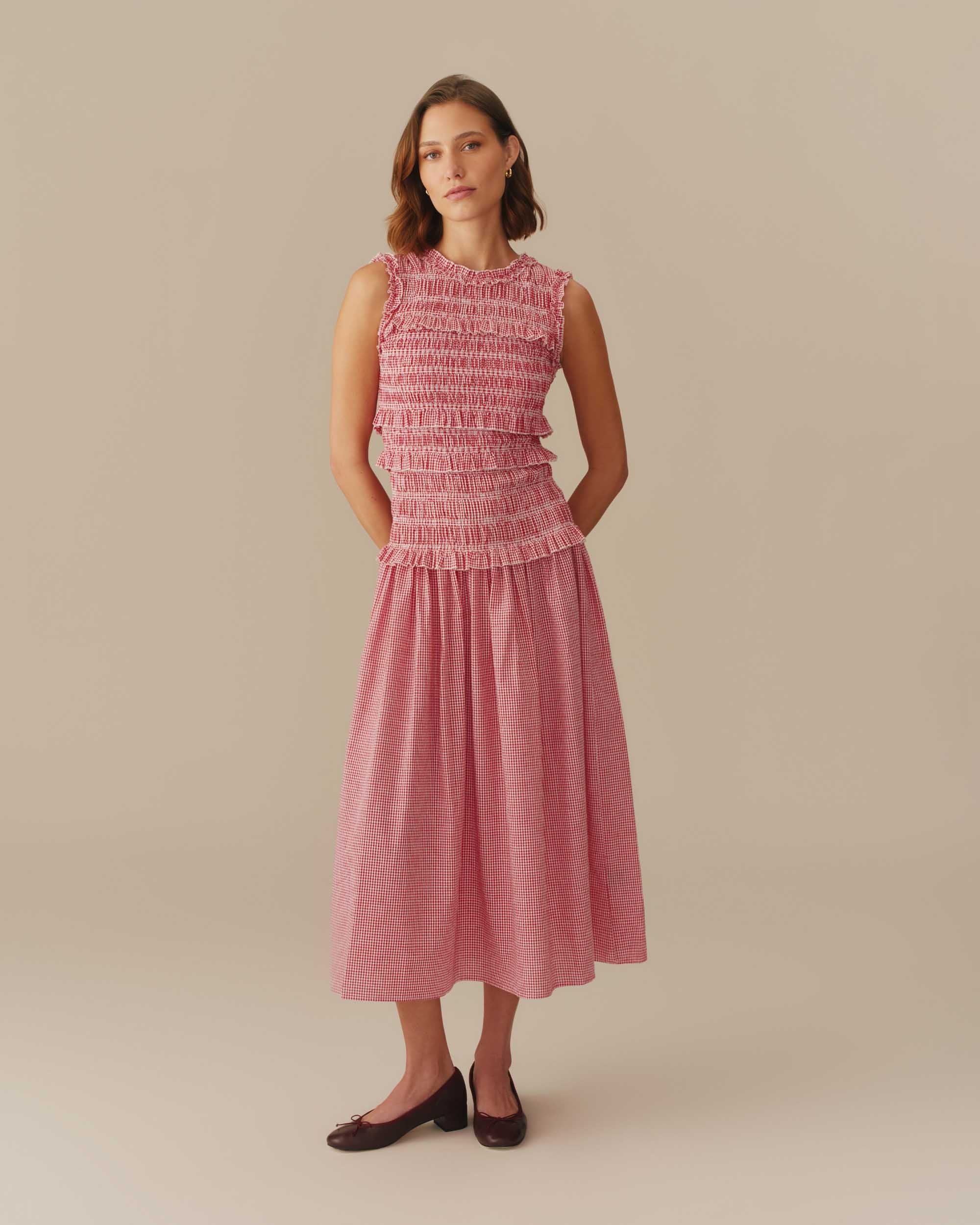 Women's Smocked Gingham Cotton Dress Red