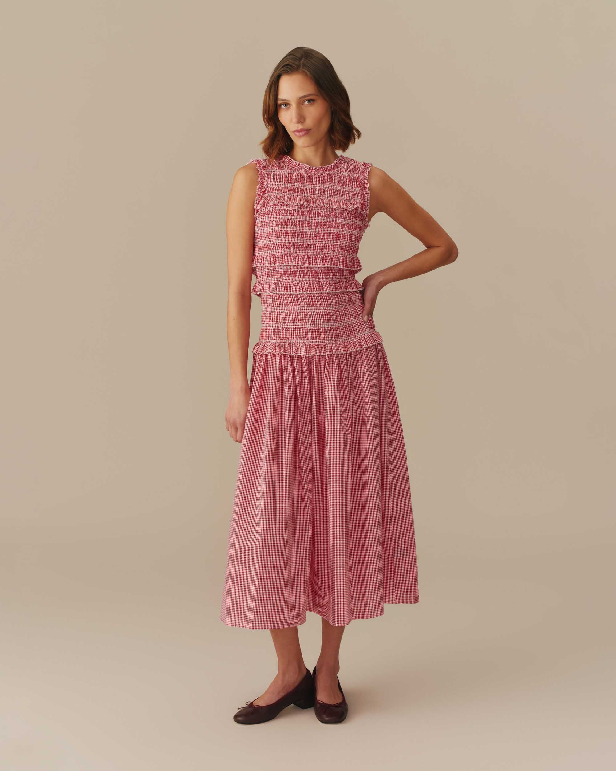 Women's Smocked Gingham Cotton Dress Red - Image 2