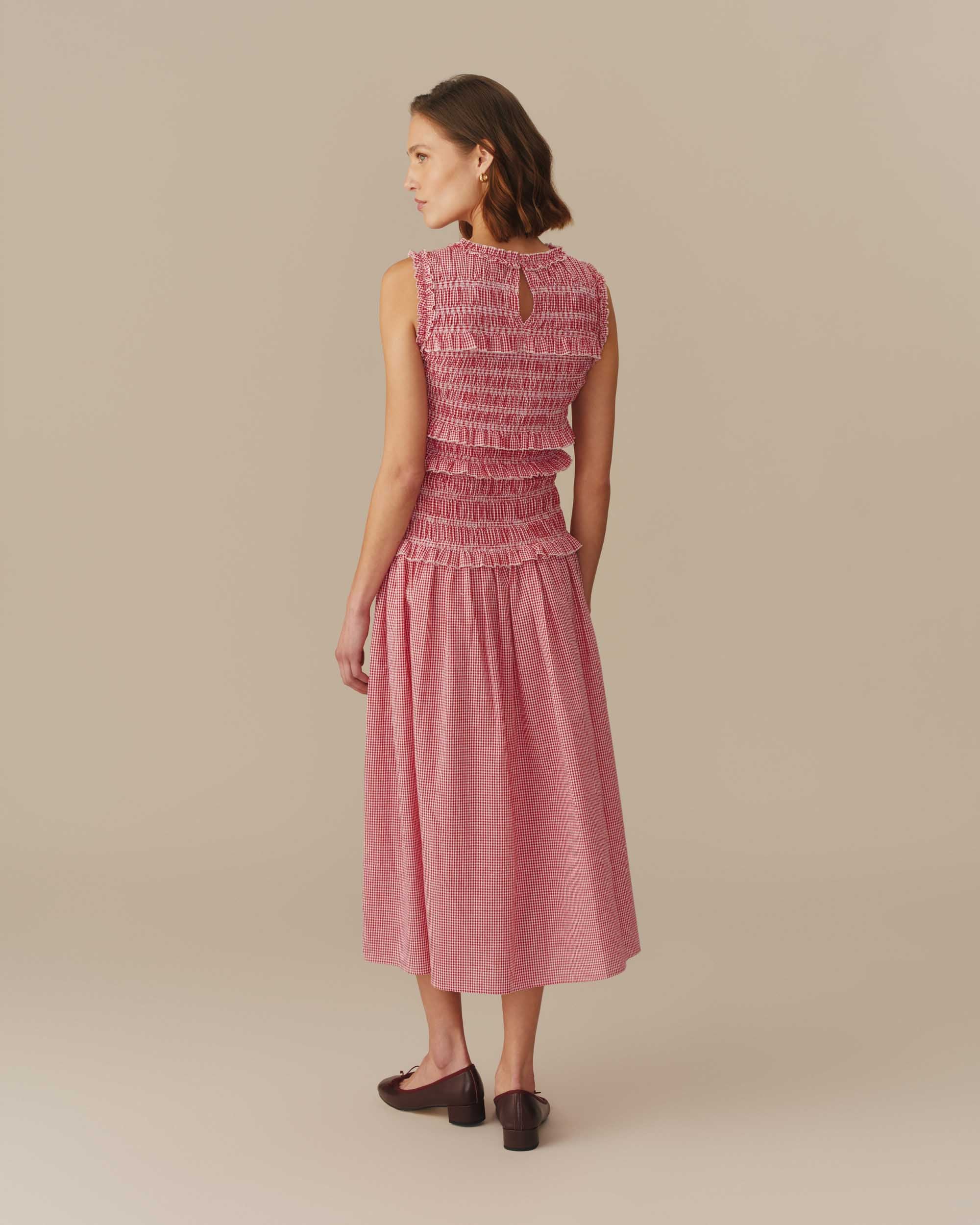 Women's Smocked Gingham Cotton Dress Red - Image 5