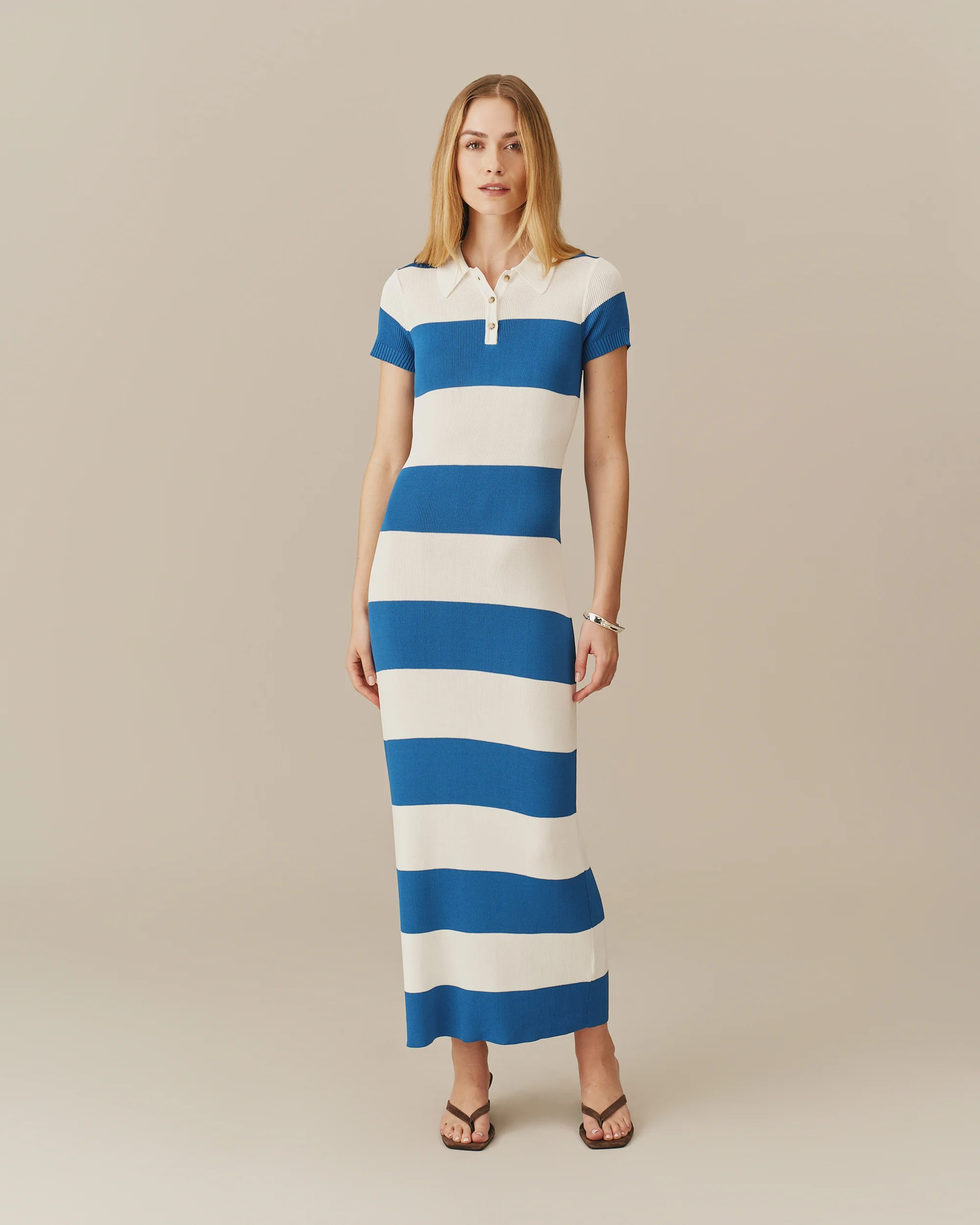 Women's Striped Polo Maxi Dress Blue White Stripe