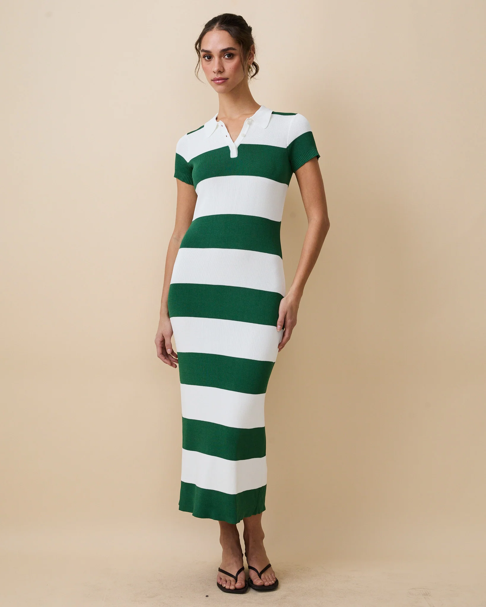 Women's Striped Polo Maxi Dress Green White Rugby Stripes