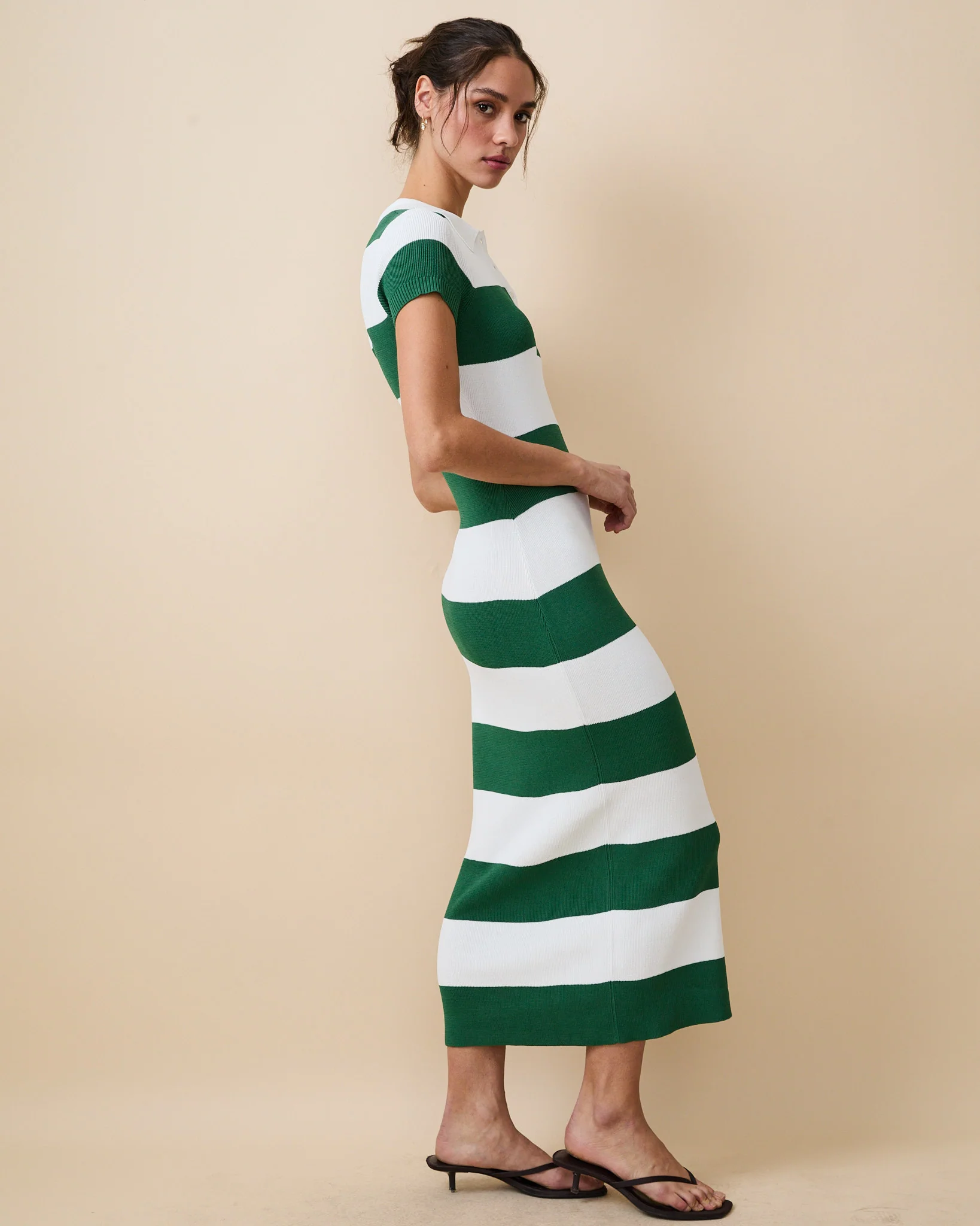 Women's Striped Polo Maxi Dress Green White Rugby Stripes - Image 5