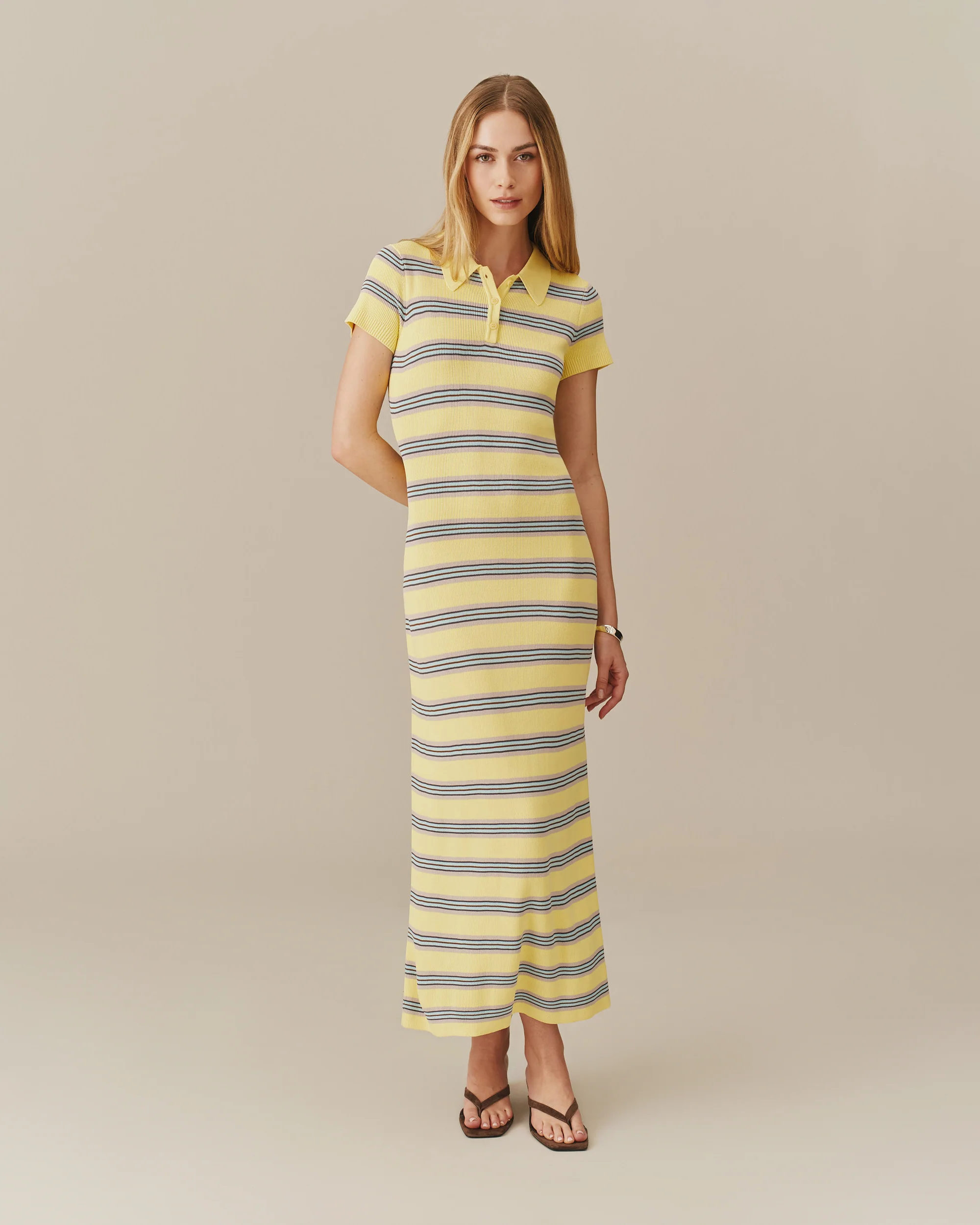 Women's Striped Polo Maxi Dress Yellow Stripe
