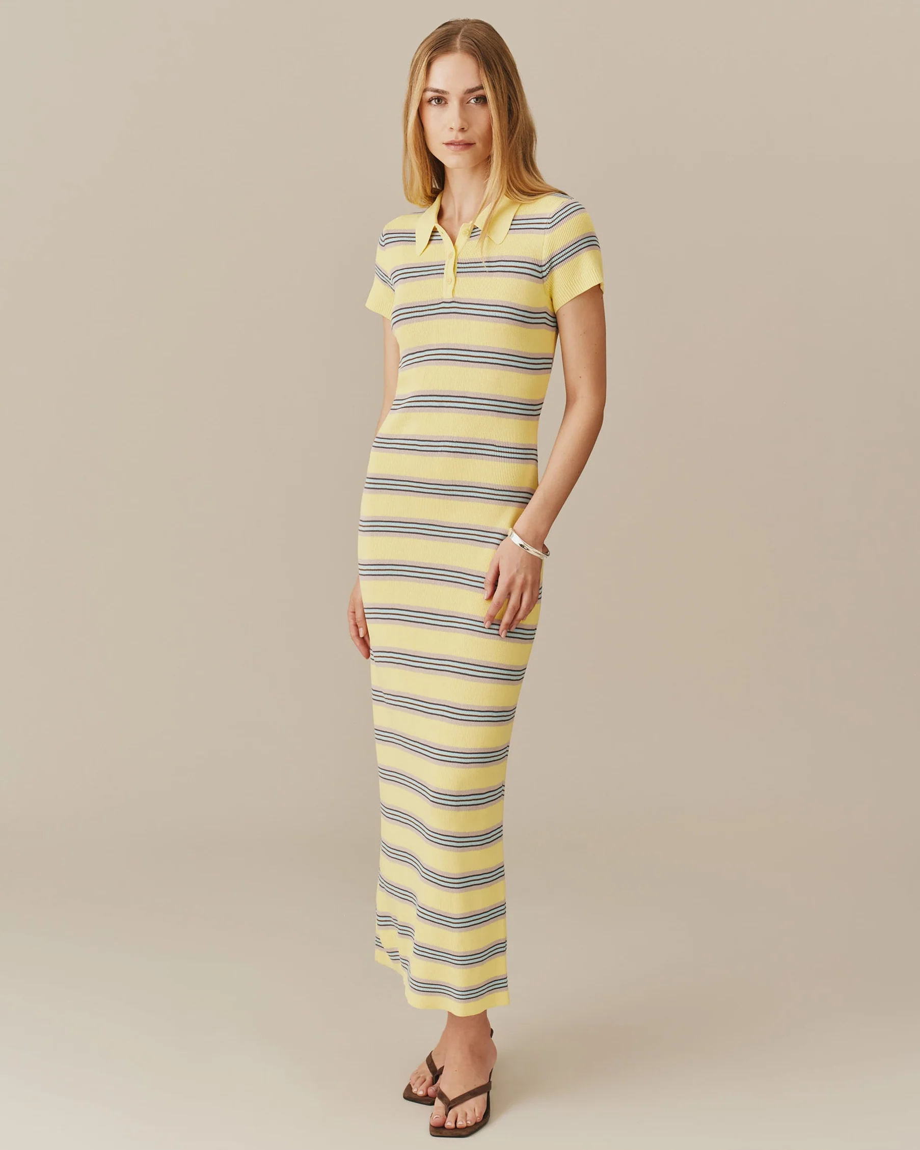 Women's Striped Polo Maxi Dress Yellow Stripe - Image 2