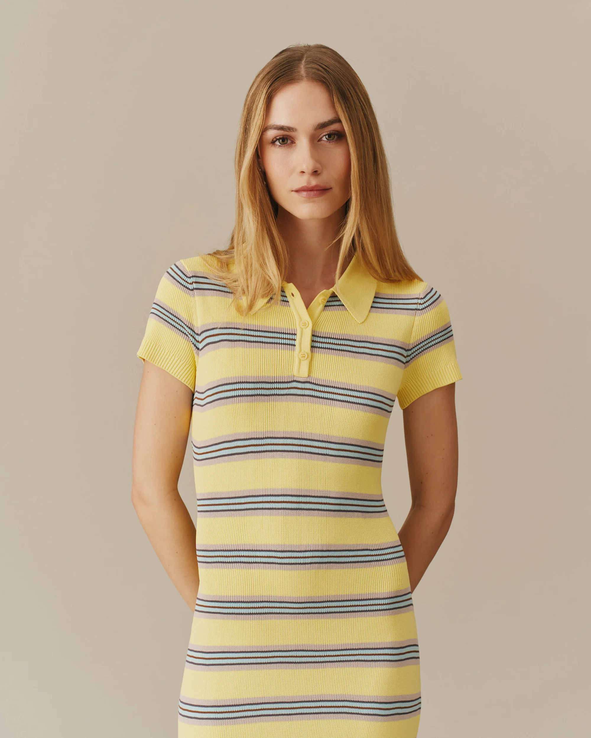 Women's Striped Polo Maxi Dress Yellow Stripe - Image 3