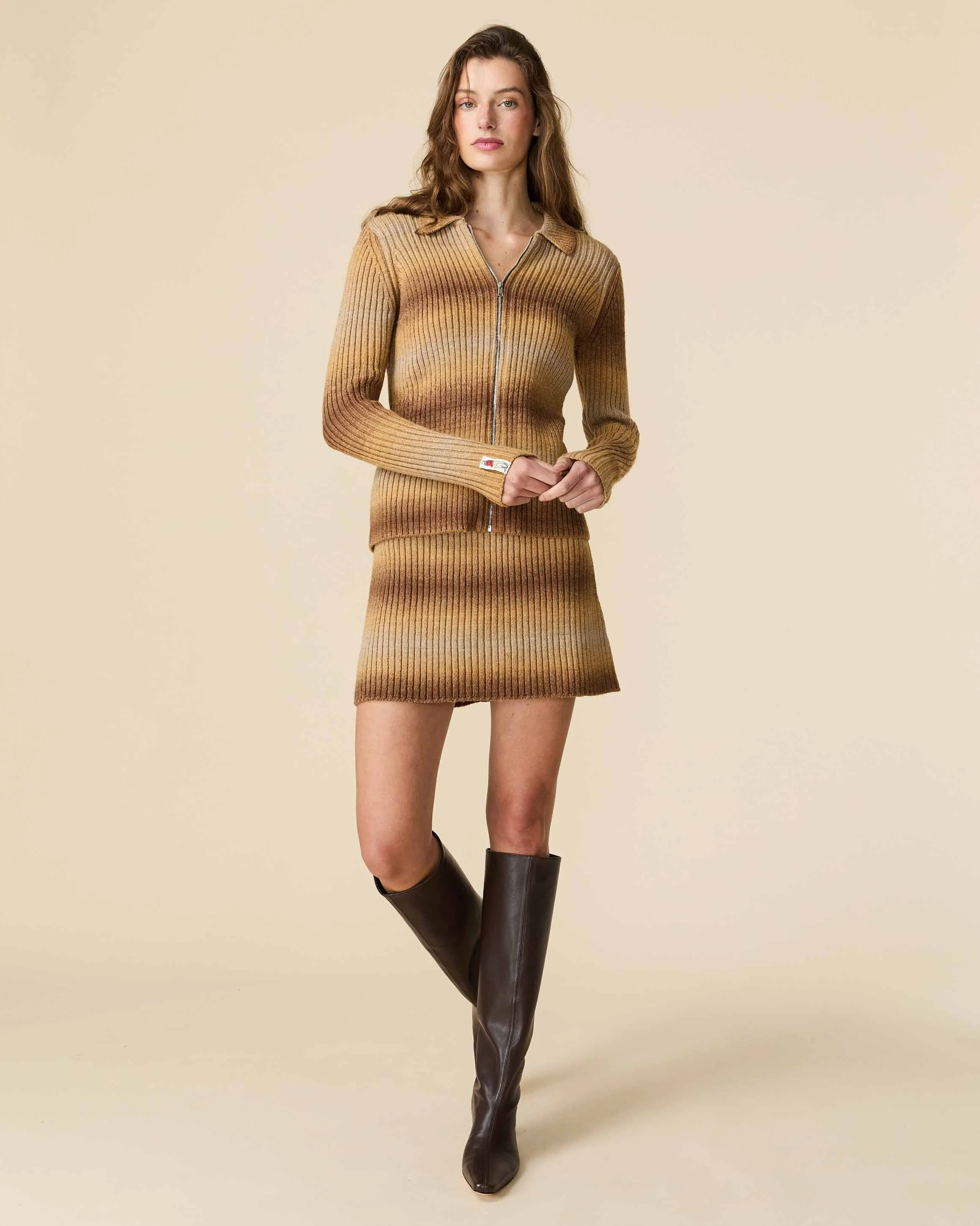 Zip Through Gradient Striped Sweater Brown Gradient - Image 2