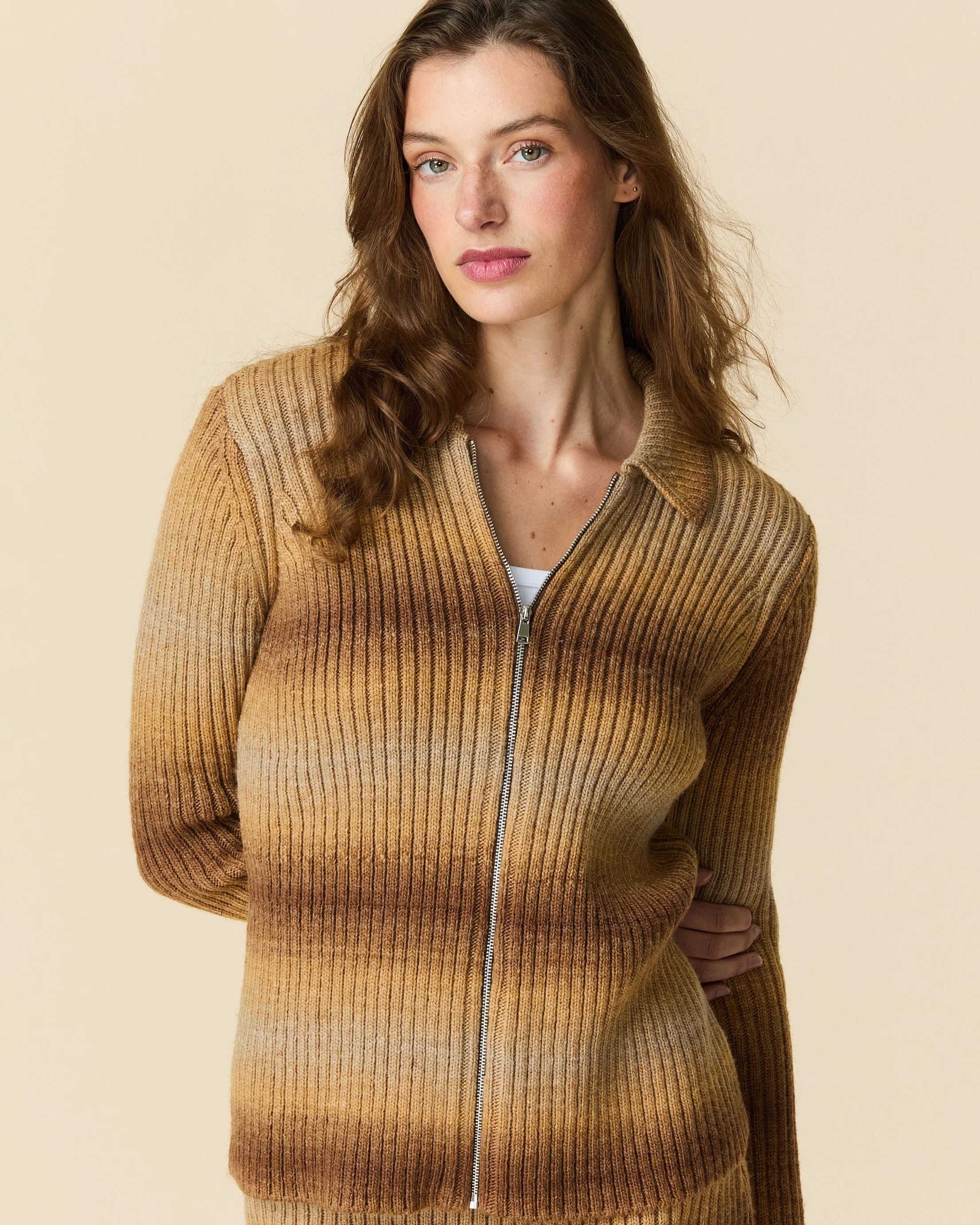 Zip Through Gradient Striped Sweater Brown Gradient - Image 5